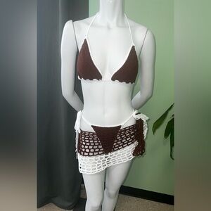 Stylish Crochet Bikini Set in Brown and White